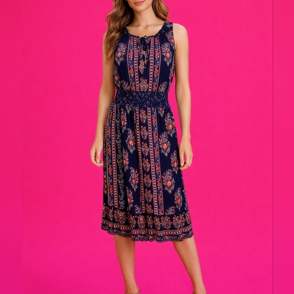 Bila Navy Blue Pink Floral Sleeveless Smock Summer Longline Festival Dress
